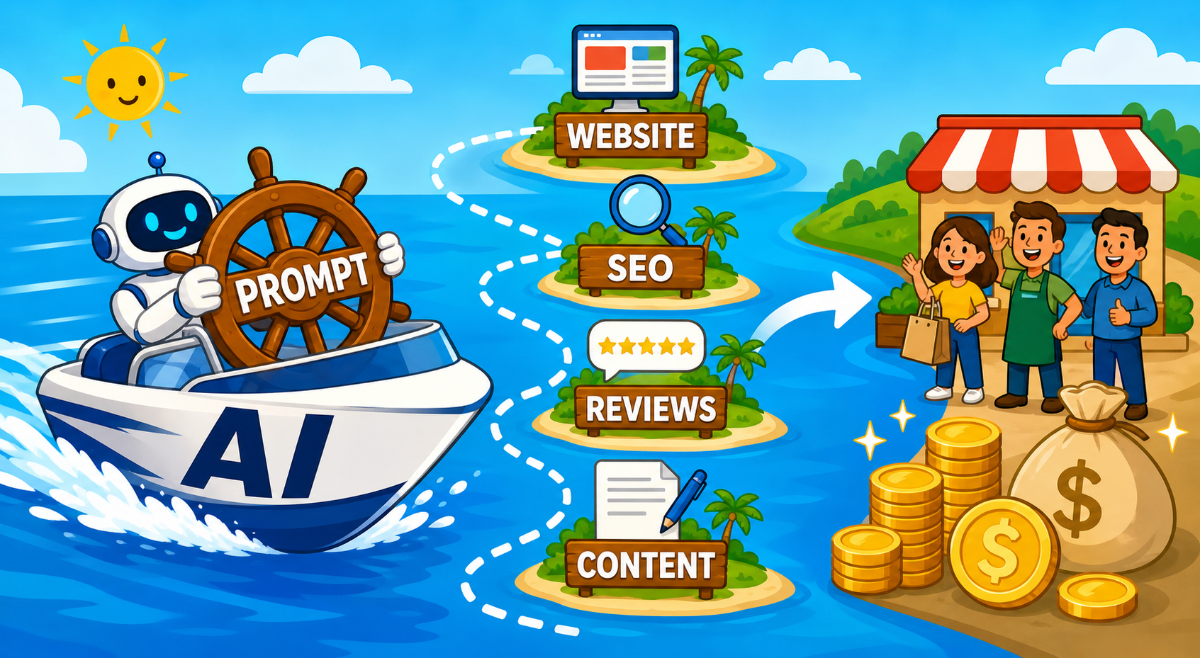 Illustration of AI as a fast boat steered by prompts toward website, SEO, reviews, and content.